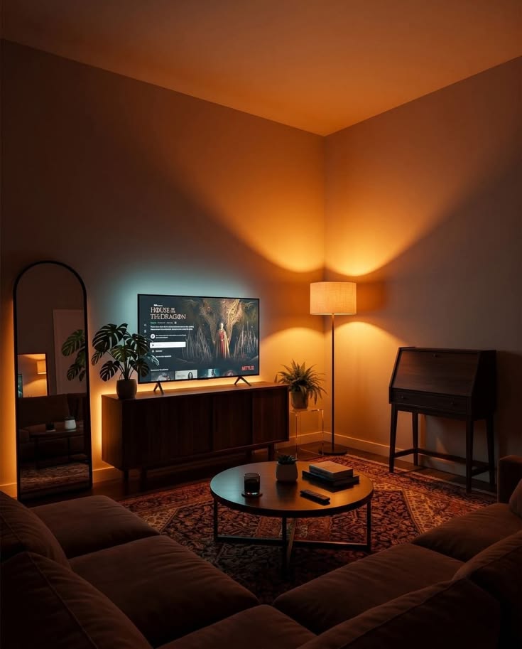 Warm living room with backlit TV and glass coffee table