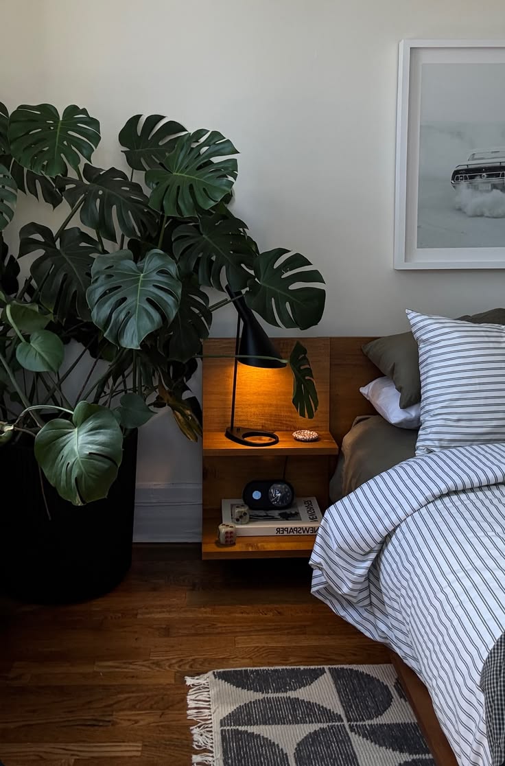 Evening living room lit by a warm floor lamp