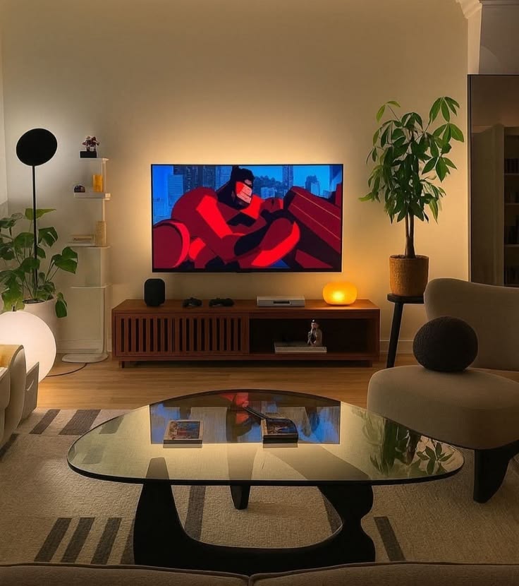 Textured lounge with track lighting and wood media console